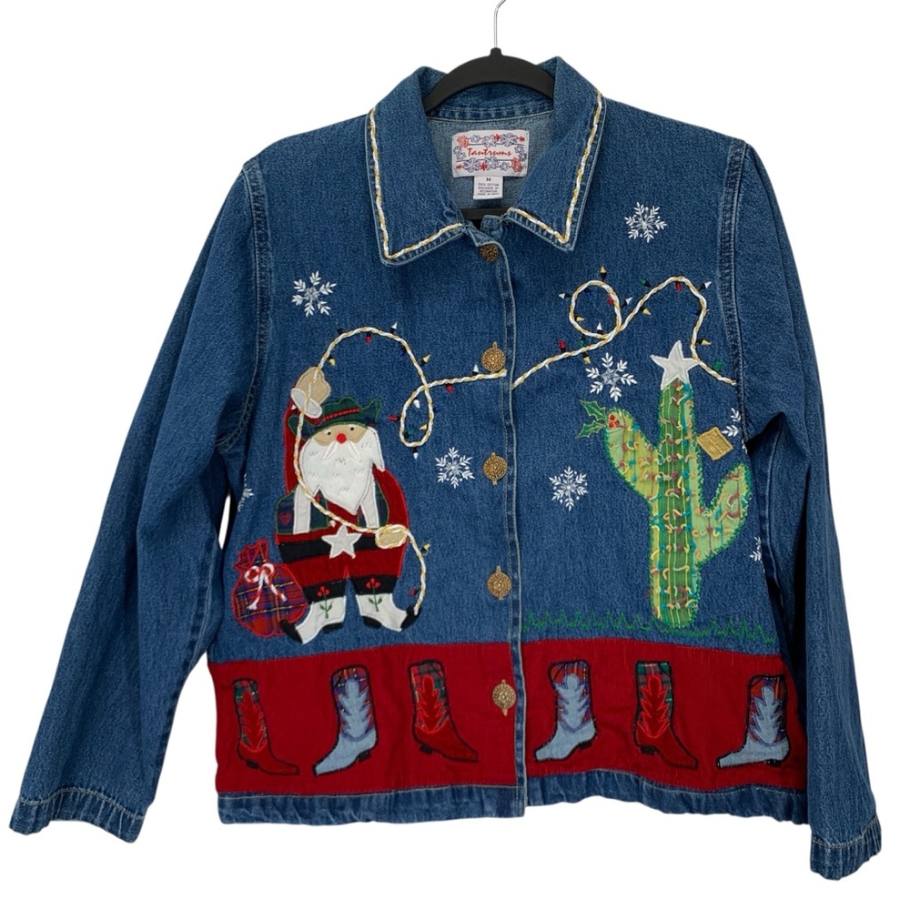 Vtg Tantrums Jacket Womens Medium Chambray Jacket Ugly Christmas Western Santa